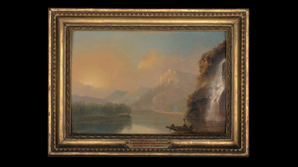 William Hodges, Waterfall in Dusky Bay with Maori canoe, 1776, oil on panel. Purchased 2019 with assistance from Lottery Grants Board, Tuia Encounters – 250 Fund. Te Papa (2019-0003-1)